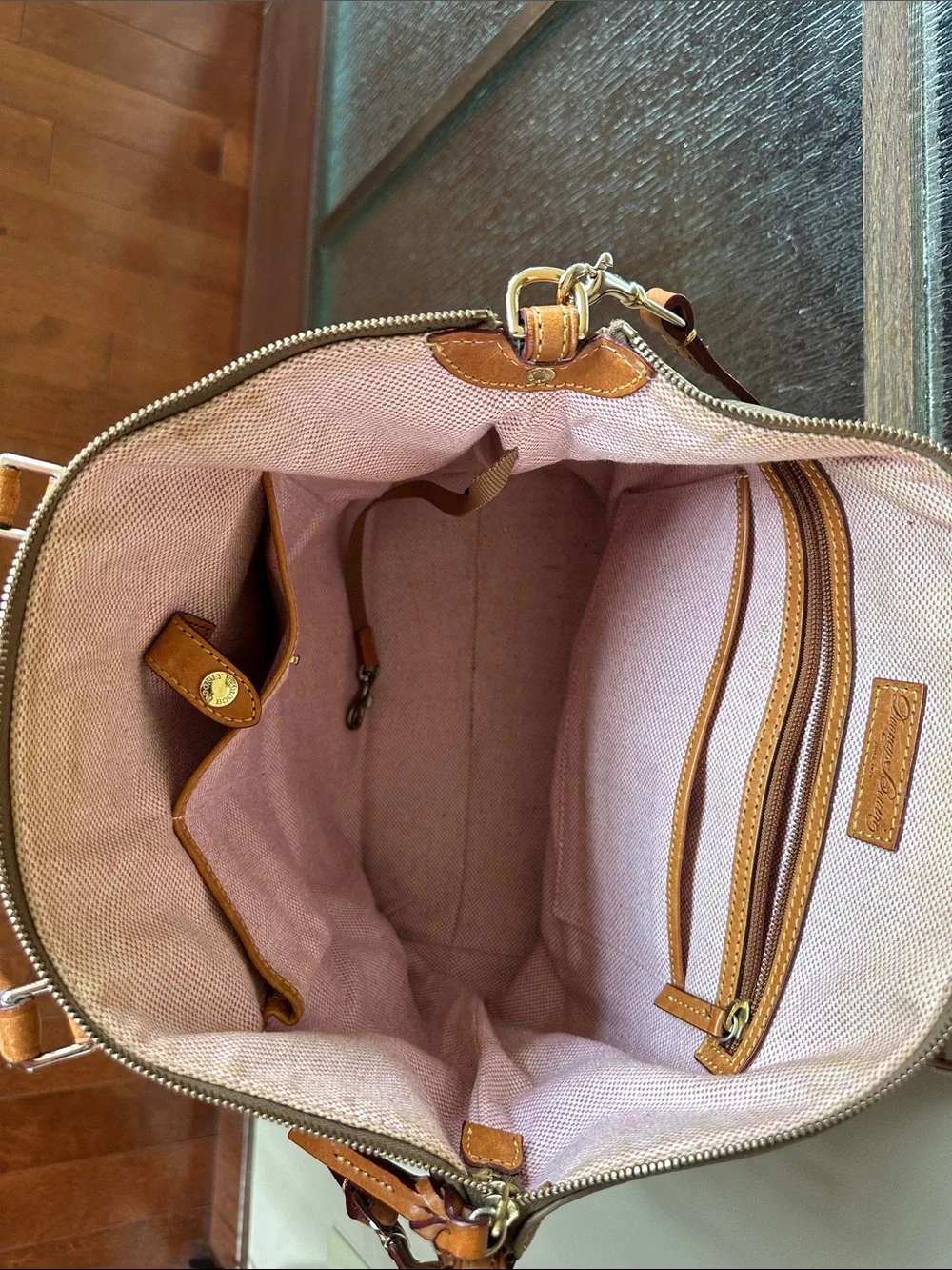 Dooney & Bourke Pebbled Leather DILLEN Double Pocket Satchel Handbag Beige